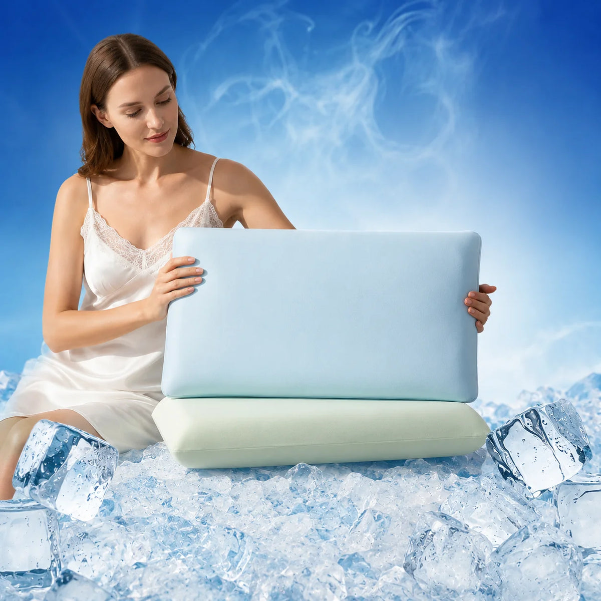 A woman holds a blue laptop resting on a light green cooling pillow, surrounded by ice cubes against a blue sky background.