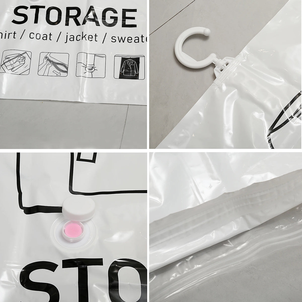 Diagram showing how to use hanging vacuum storage bags for storing clothing items like shirts, coats, and jackets.