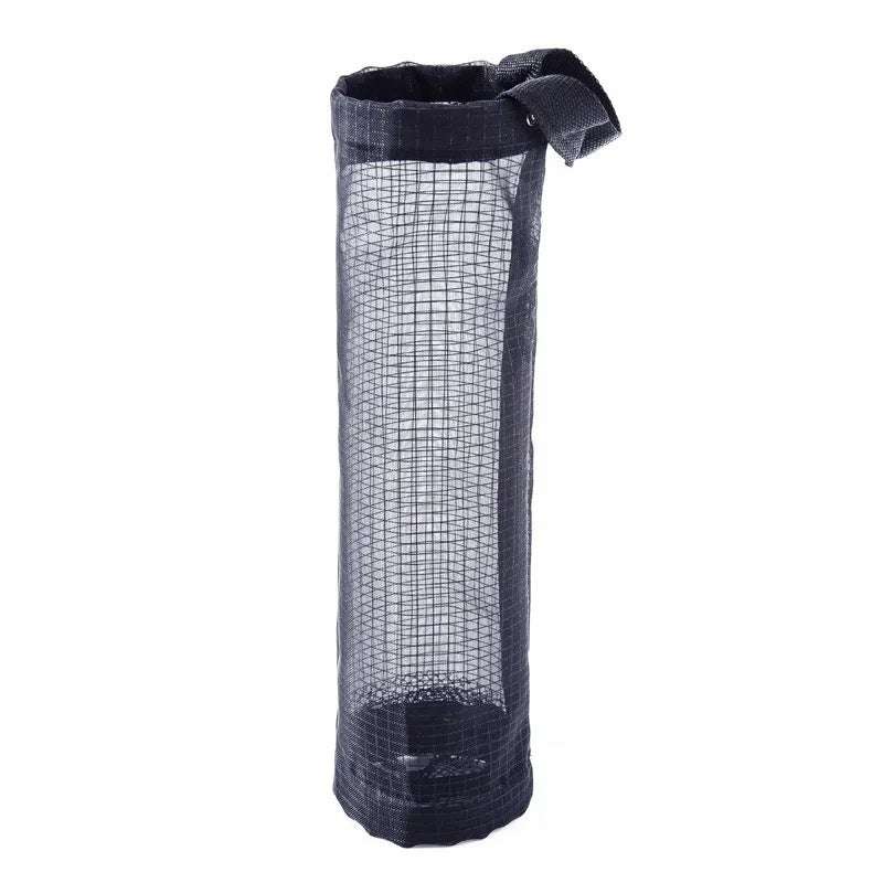 A roll of black hanging mesh trash bags used for kitchen and bathroom organization.