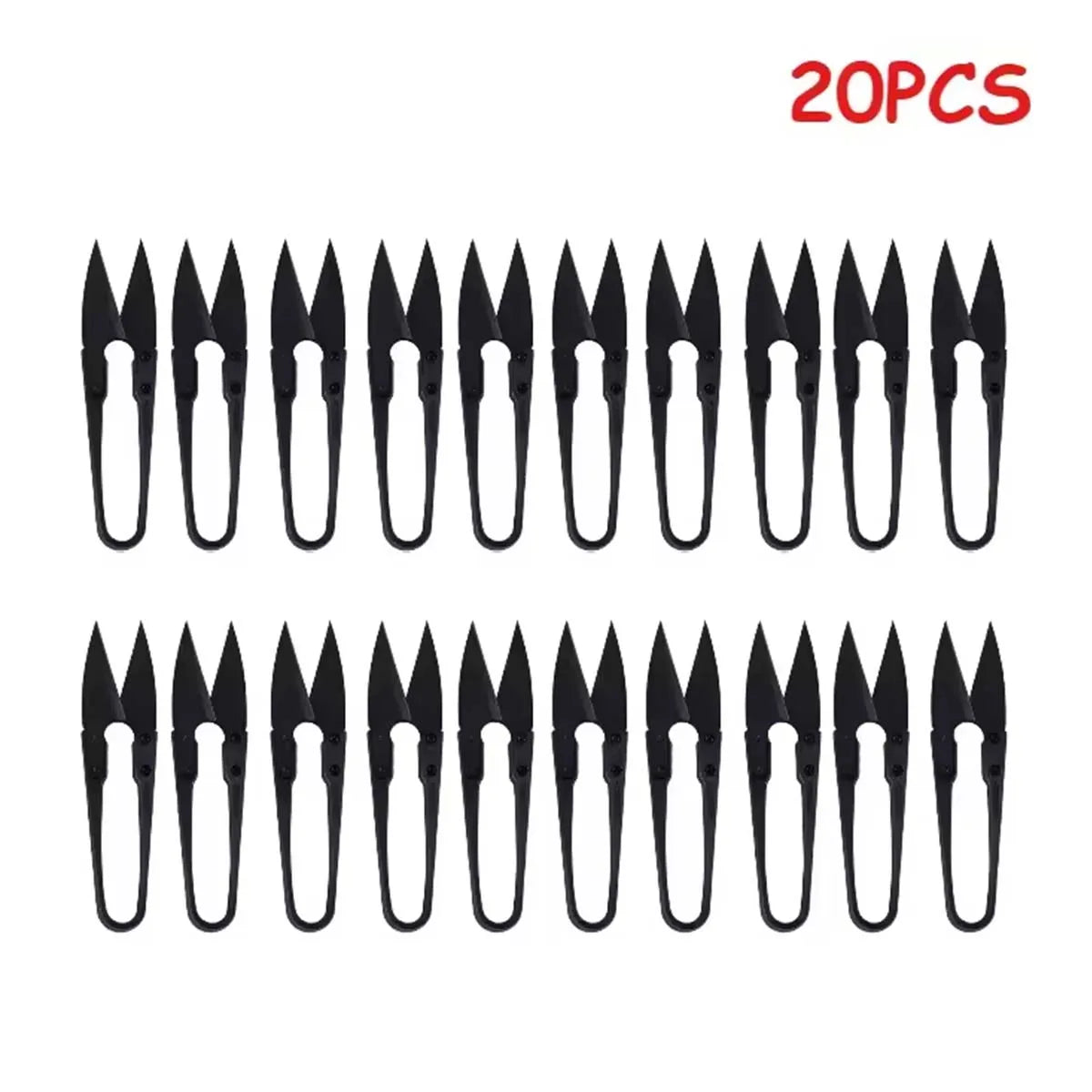 A set of twenty pairs of ergonomic stainless steel thread snip scissors displayed in a row.