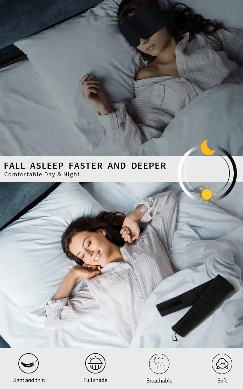 A woman is sleeping comfortably in bed with a light gray striped shirt, using a black sleep mask and a neck pillow.