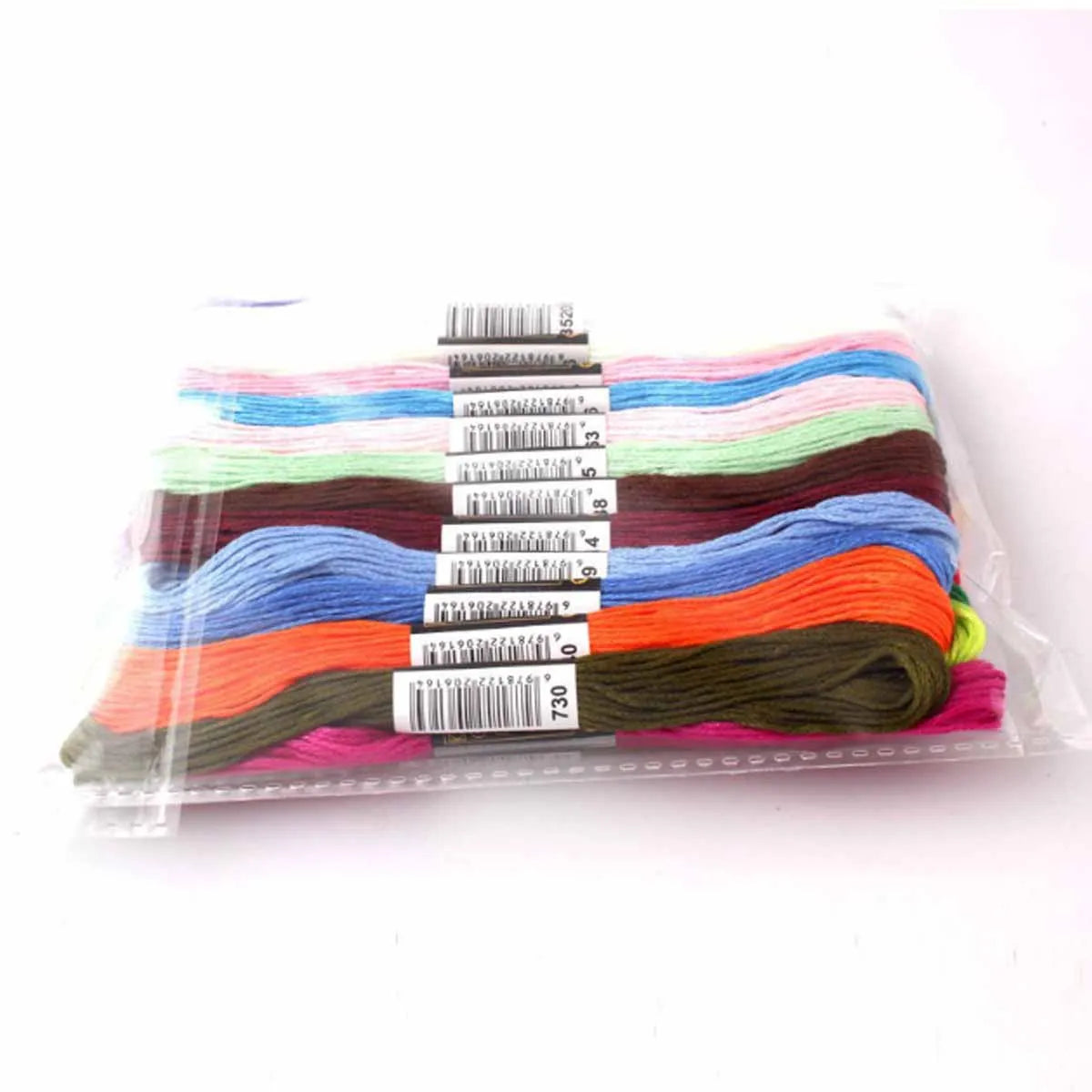 A set of vibrant polyester cross-stitch thread in various colors packaged in a clear plastic sleeve.