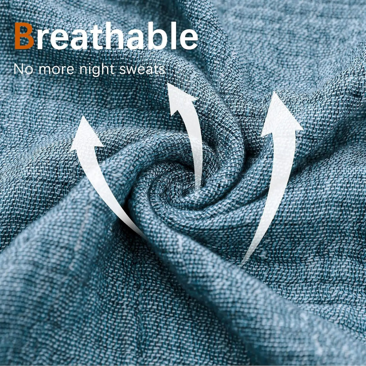 A close-up of a blue-green breathable muslin throw blanket fabric being twisted.
