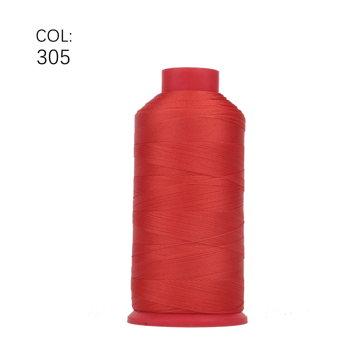 A spool of red heavy duty nylon sewing thread labeled COL: 305.