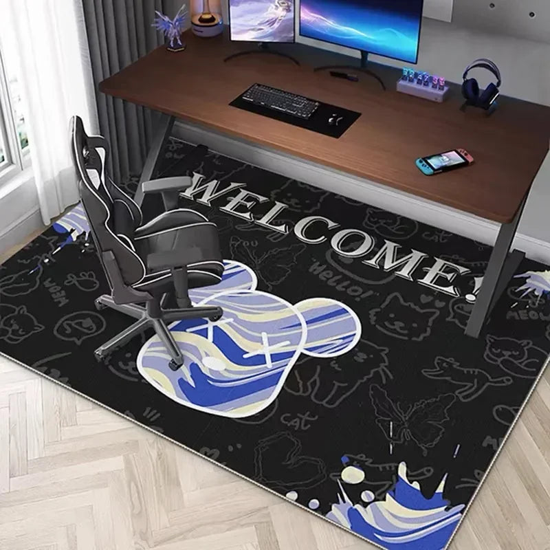 A black area rug featuring a neon hexagon design with blue and white accents for a gaming space.