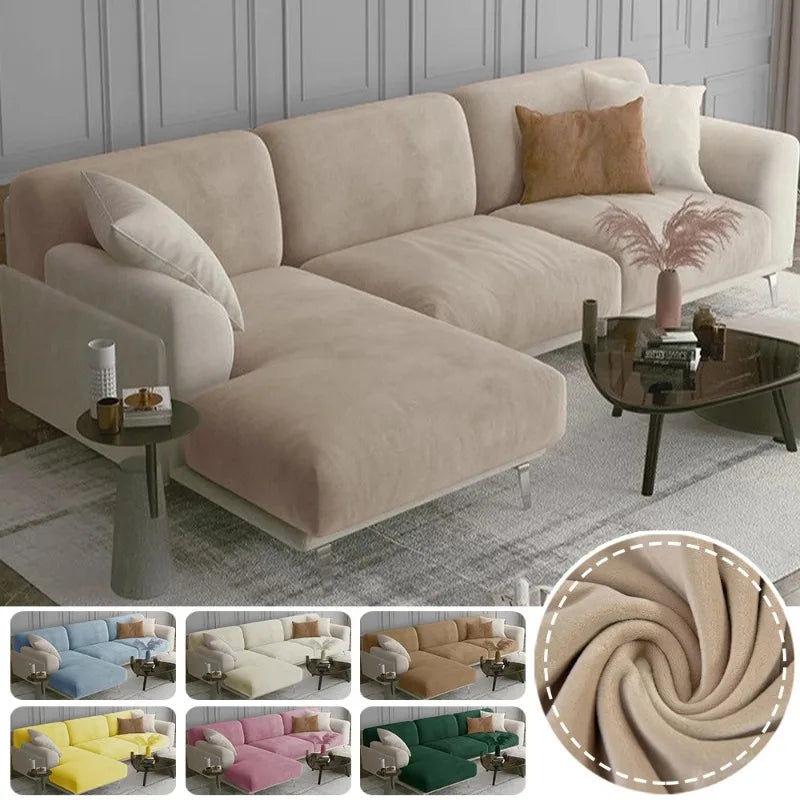 A collection of luxury velvet sofa seat covers in various neutral and pastel colors displayed on furniture.