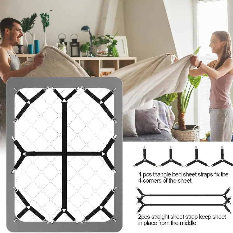 A diagram showing how 4 triangle bed sheet straps and 2 straight sheet straps fit the corners and middle of a fitted sheet.