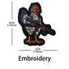 Embroidery patch of a bird with a weapon, featuring detailed feathers and orange legs.