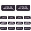 Set of black embroidered letter slogan applique patches with the text Living the Dream Plan B