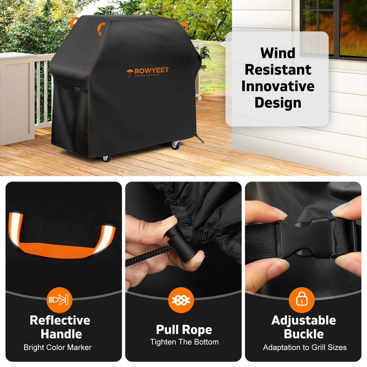Black waterproof BBQ grill cover featuring a reflective handle, pull rope, and adjustable buckle for easy use.