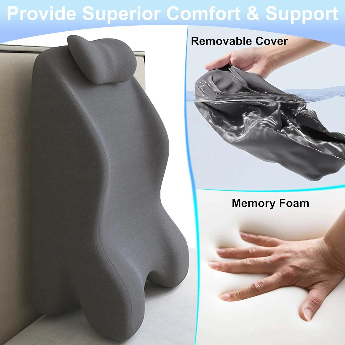 Gray memory foam wedge pillow showing removable cover and back support features