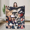 A flannel throw blanket featuring characters from Jujutsu Kaisen, including Gojo Satoru and other sorcerers.