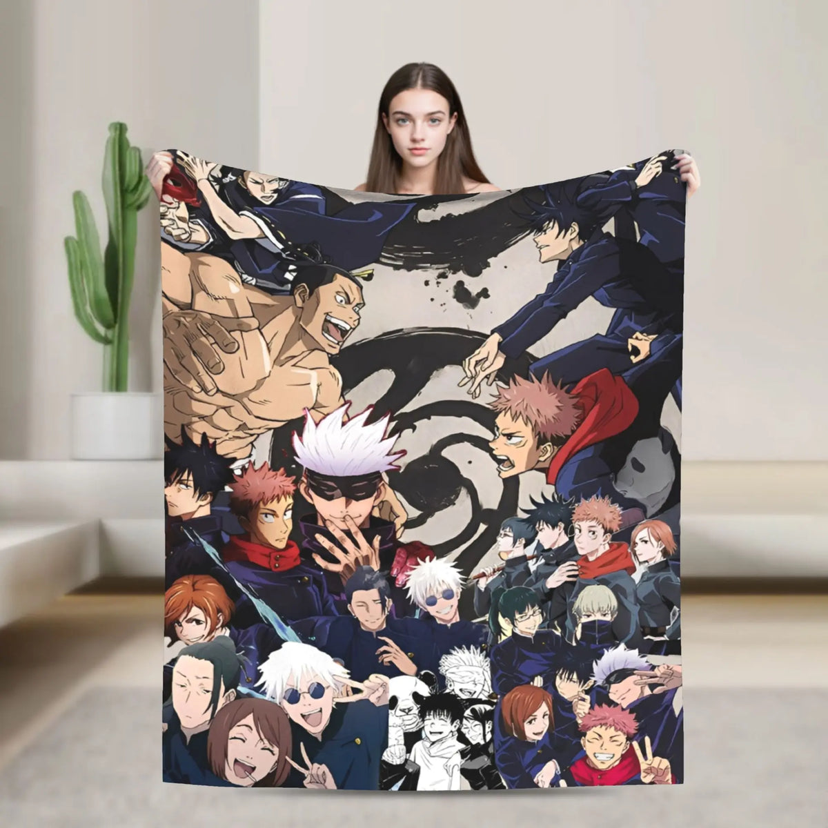 A flannel throw blanket featuring characters from Jujutsu Kaisen, including Gojo Satoru and other sorcerers.