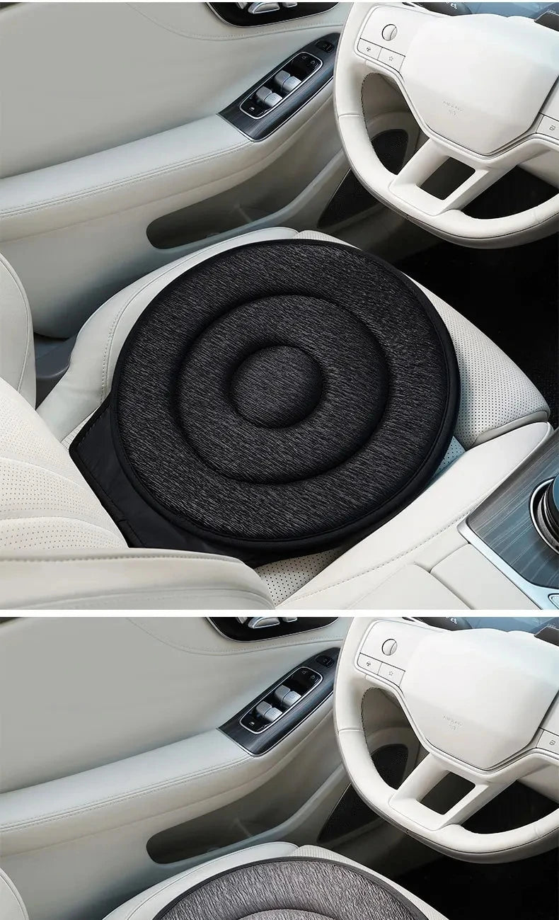 Interior view of a car seat showing a rotating cushion and steering wheel controls.