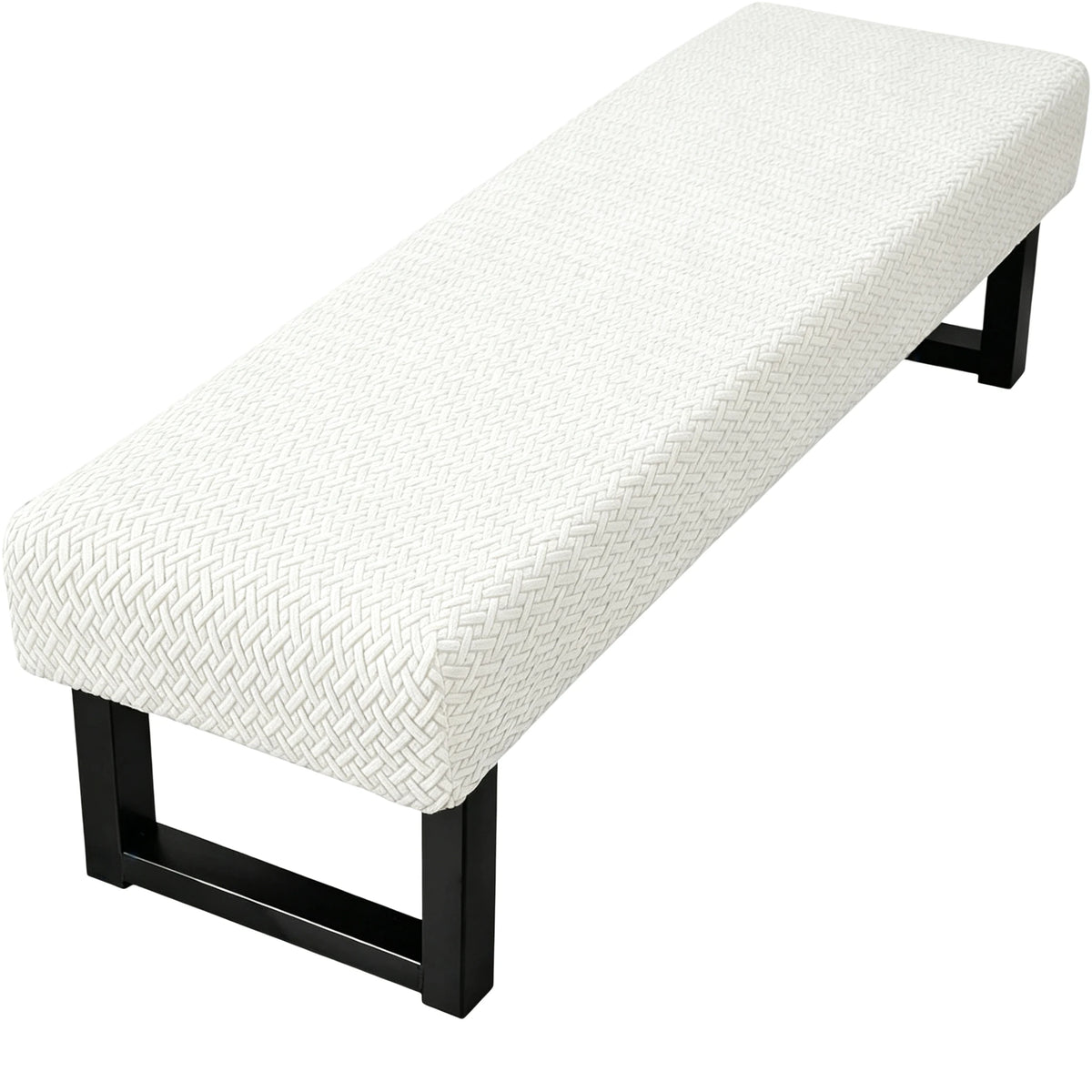 White woven stretch bench cover with black frame and anti-dust protection