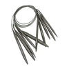 A set of stainless steel circular knitting needles with sharp points.