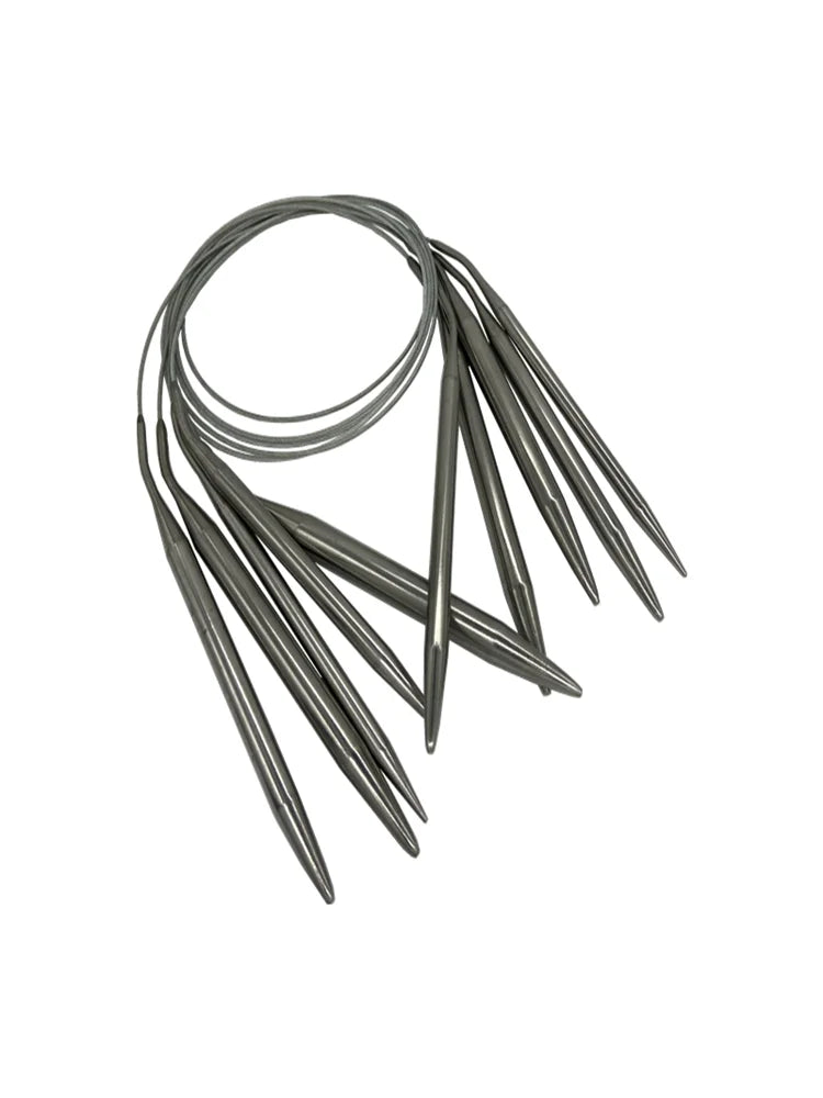 A set of stainless steel circular knitting needles with sharp points.