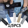 Five adjustable elastic waist extender belts in black, blue, white, beige, and gray are shown being held by a hand.