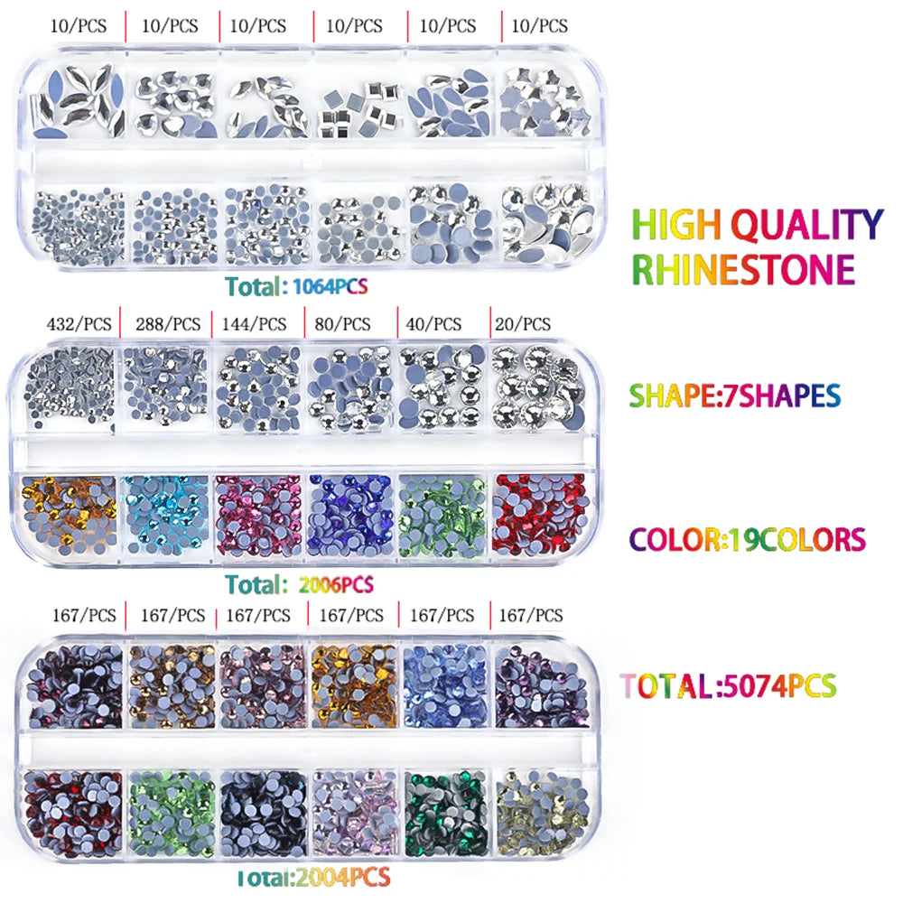 A collection of various colored and shaped rhinestones, including high quality rhinestone, shape stones, color stones, and a 