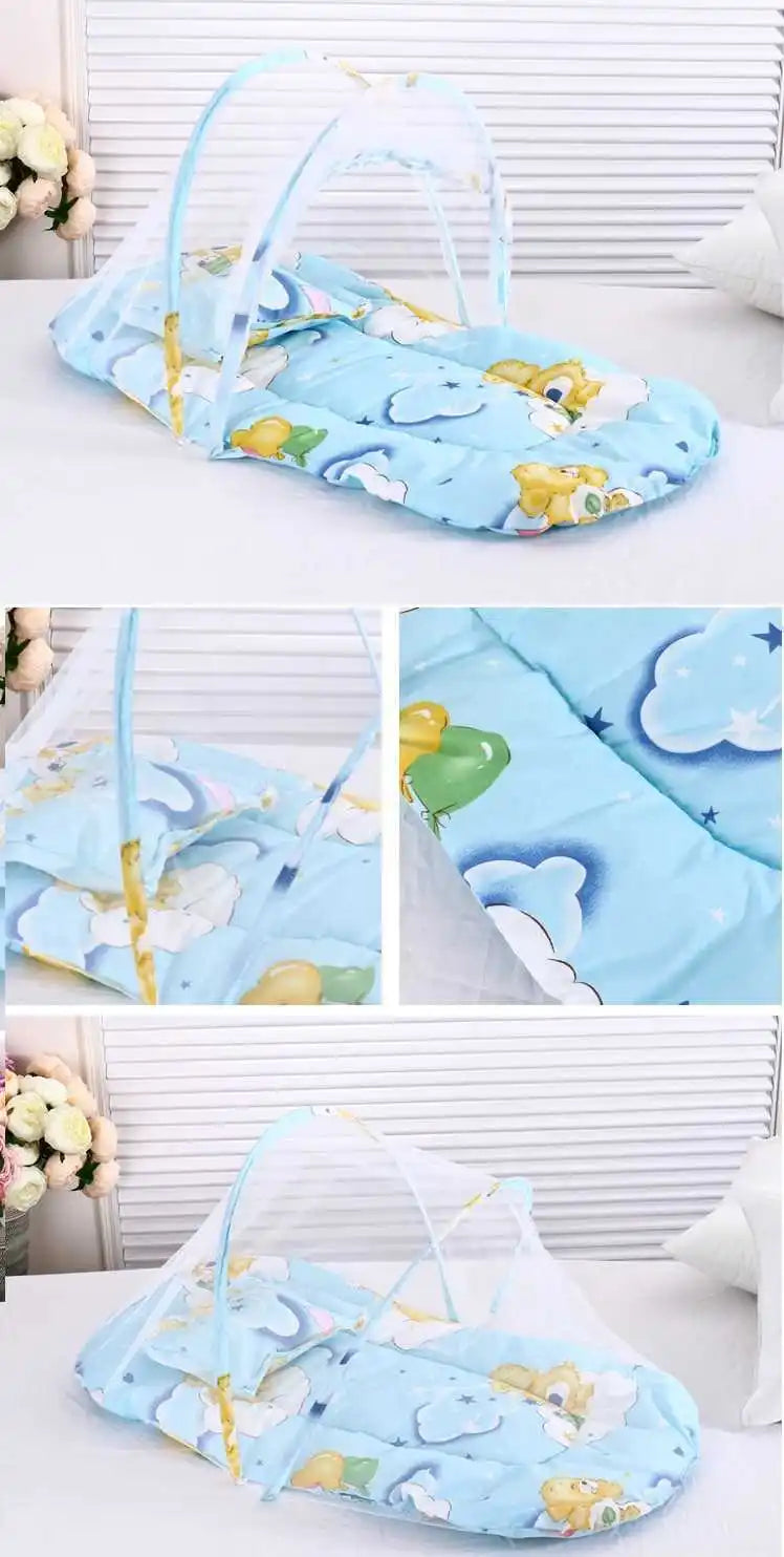 Light blue foldable baby mosquito net sleeping tent with yellow floral patterns