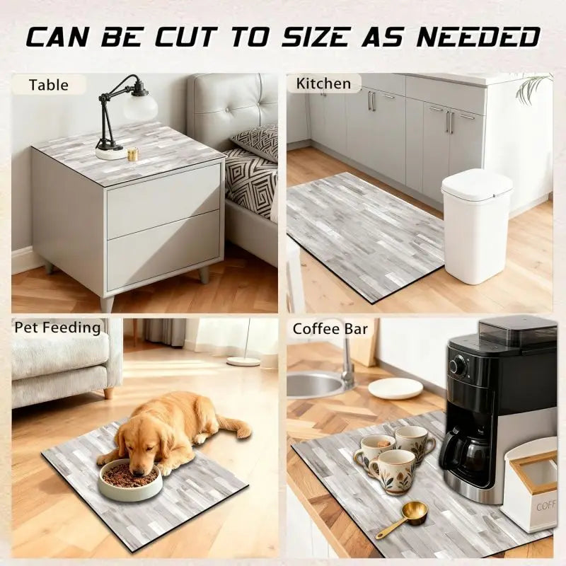 A set of wood grain fridge cover mats shown in various contexts including a table, kitchen, and pet feeding area.