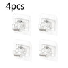 Four clear plastic nail-free adjustable curtain rod hooks for hanging curtains.