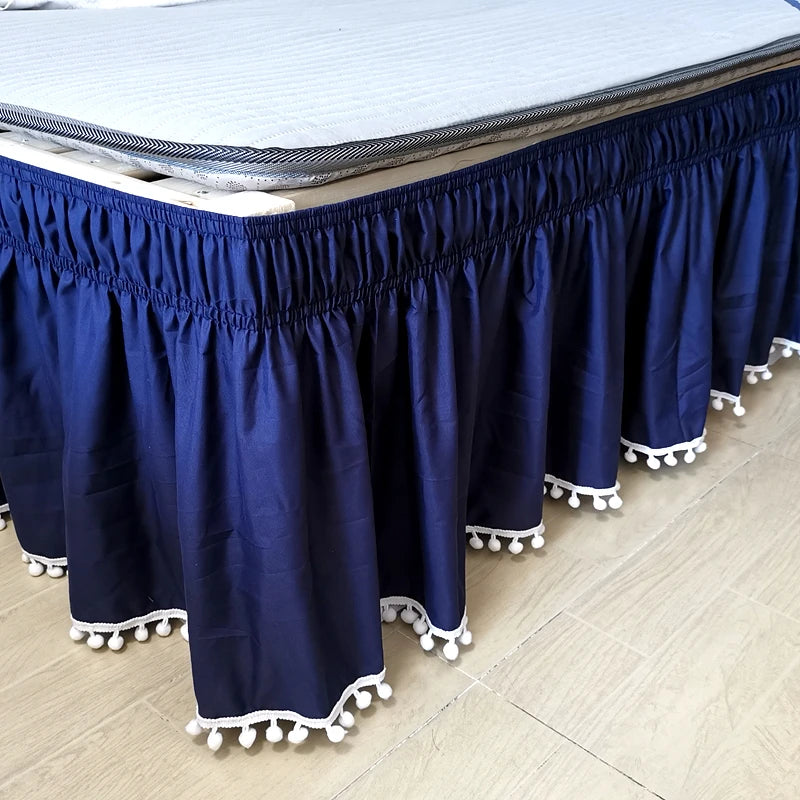 Navy blue elegant elastic bed skirt with white trim