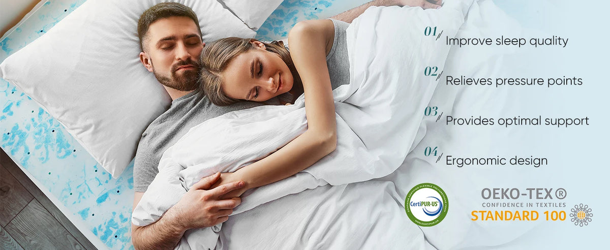 A couple relaxing on a bed with a white memory foam topper, demonstrating its support and ergonomic design.