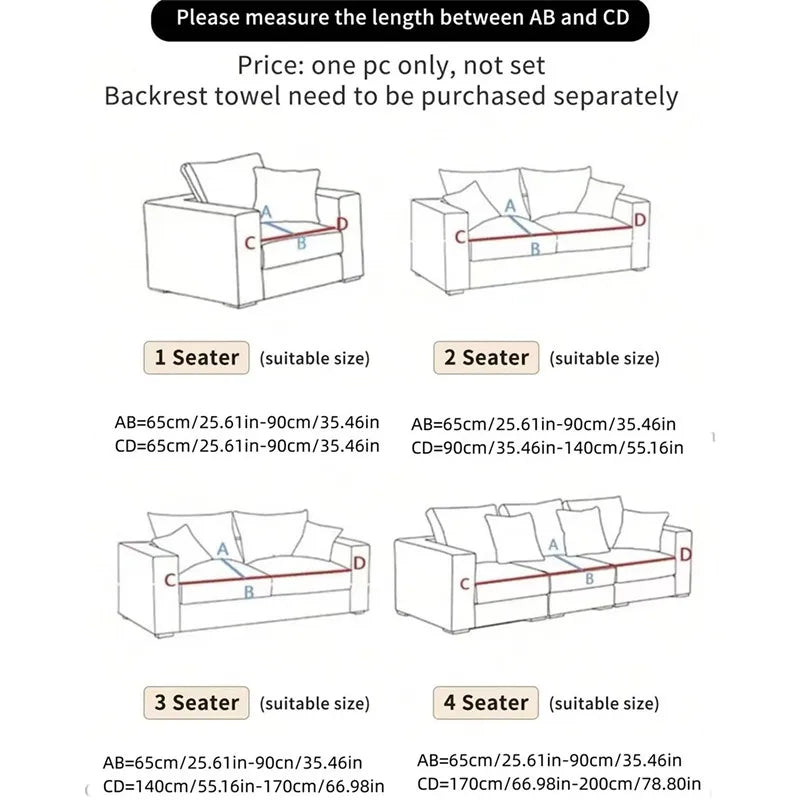 Diagram showing the length measurements between points AB and CD for 1, 2, 3, and 4 seater sofa covers.