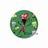 A set of enamel pins featuring characters from Invader ZIM anime on a green background.
