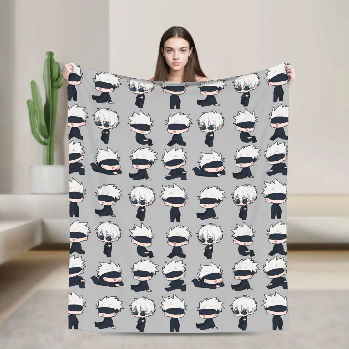A gray flannel throw blanket featuring repeating characters from Jujutsu Kaisen, including Gojo Satoru.