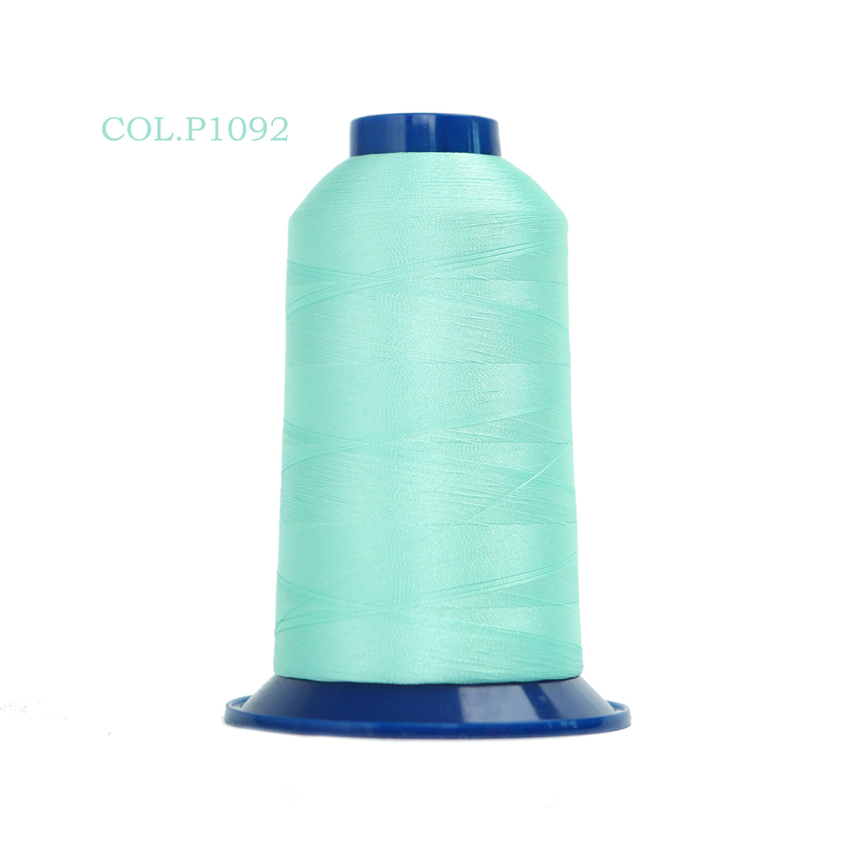 A spool of light turquoise polyester embroidery thread labeled COL.P1092.