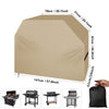 A beige waterproof BBQ grill cover shown alongside various gas and charcoal grills.