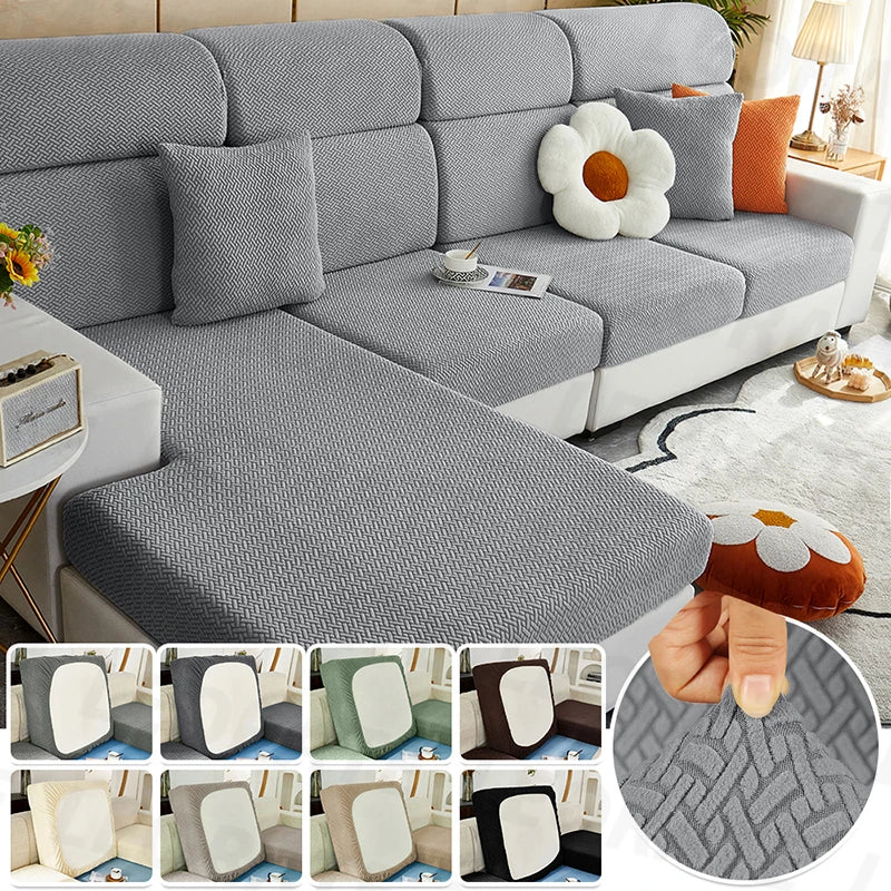 Gray jacquard sofa slipcover with elastic edges shown in various fabric patterns and on a sofa.