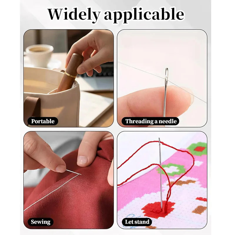 A set of precision self-threading sewing needles shown in various applications including threading, sewing fabric, and lettin