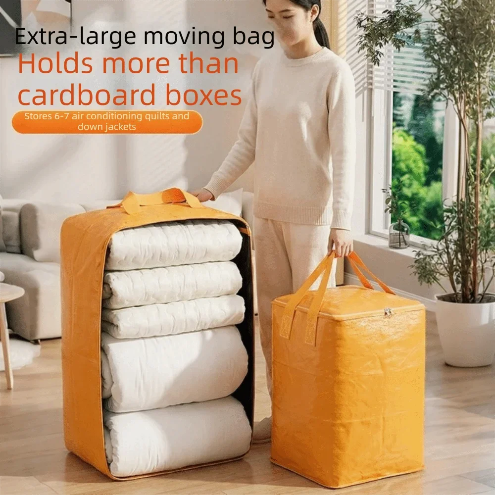 A woman stands next to a yellow storage sack, demonstrating that it holds more than cardboard boxes.
