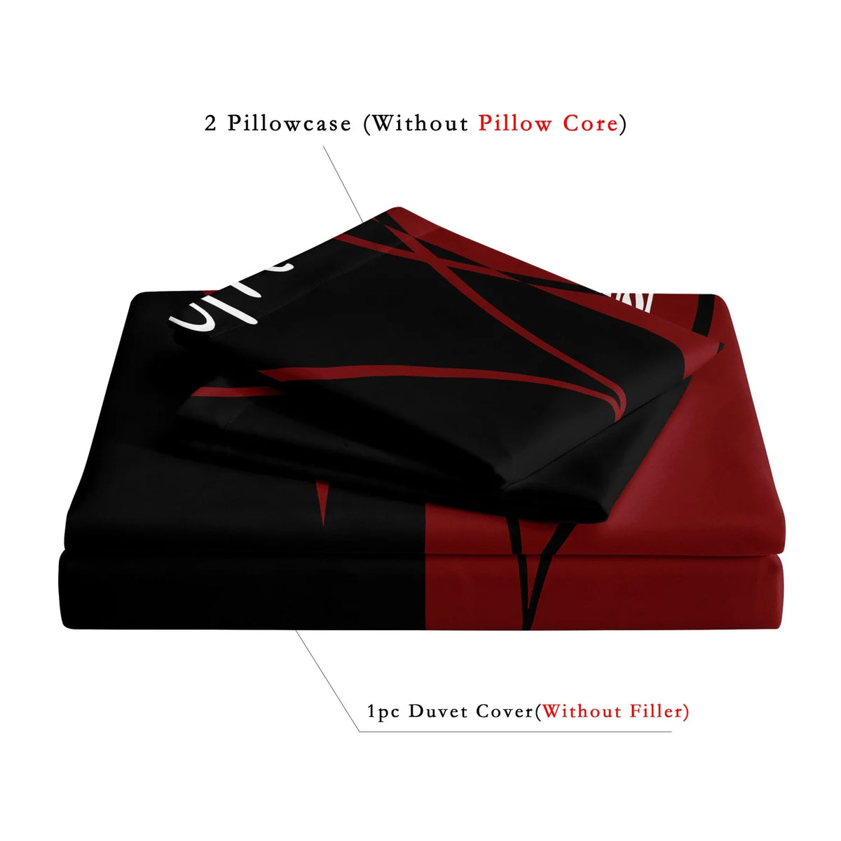 A set of bedding featuring a black and red heart crown rose pattern, including two pillowcases and one duvet cover.