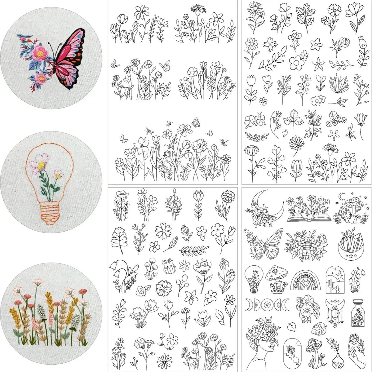 A collection of black and white line art embroidery patterns for water soluble stabilizers.
