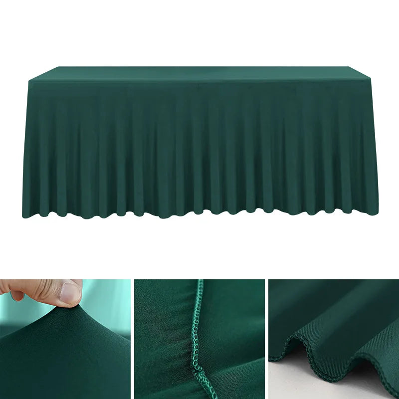 Dark green stretchable waterproof rectangle tablecloth shown in various close-up angles