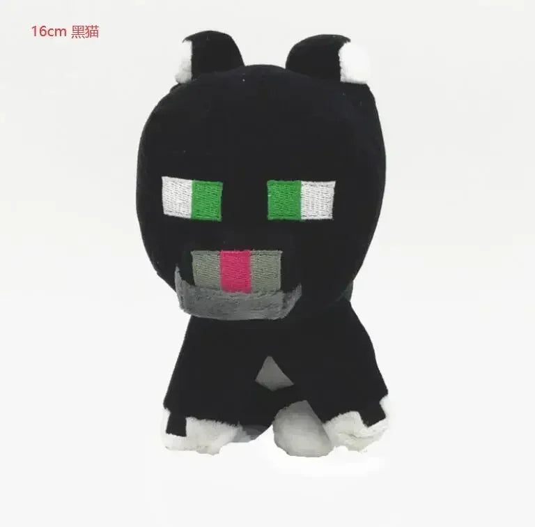 A black stuffed dragon plush toy with white accents and green eyes.