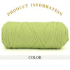 A skein of thick, lime green polyester blended yarn is shown rolled up for crafting.