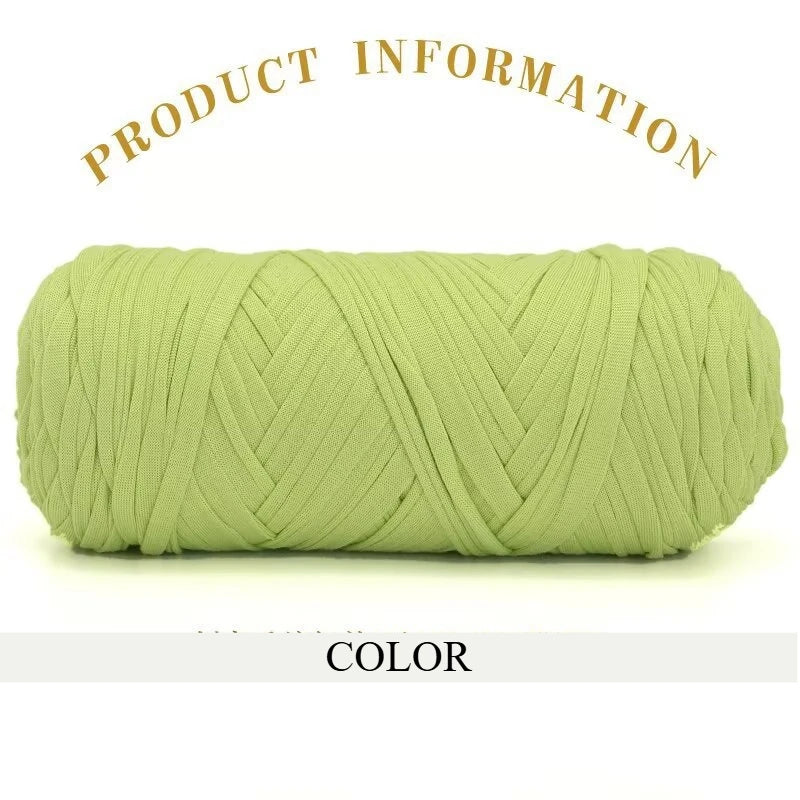 A skein of thick, lime green polyester blended yarn is shown rolled up for crafting.