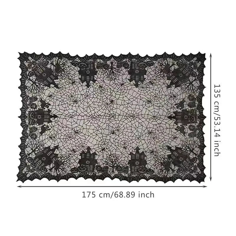 Black spider web lace table runner featuring intricate black netting and foliage design