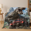 A realistic depiction of a large dinosaur attacking a red off-road vehicle in a jungle setting.