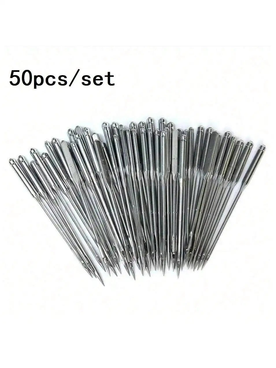 A set of 50 universal sewing machine needles arranged diagonally on a white background.