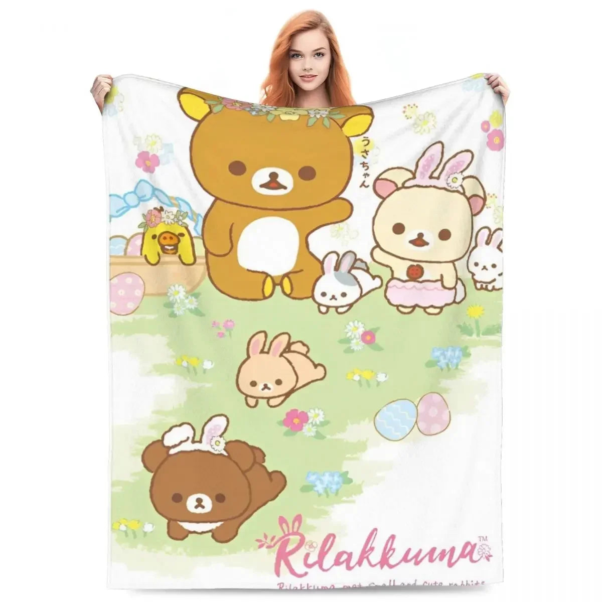 A plush throw blanket featuring various cute animal characters like bears and rabbits on a light green background.