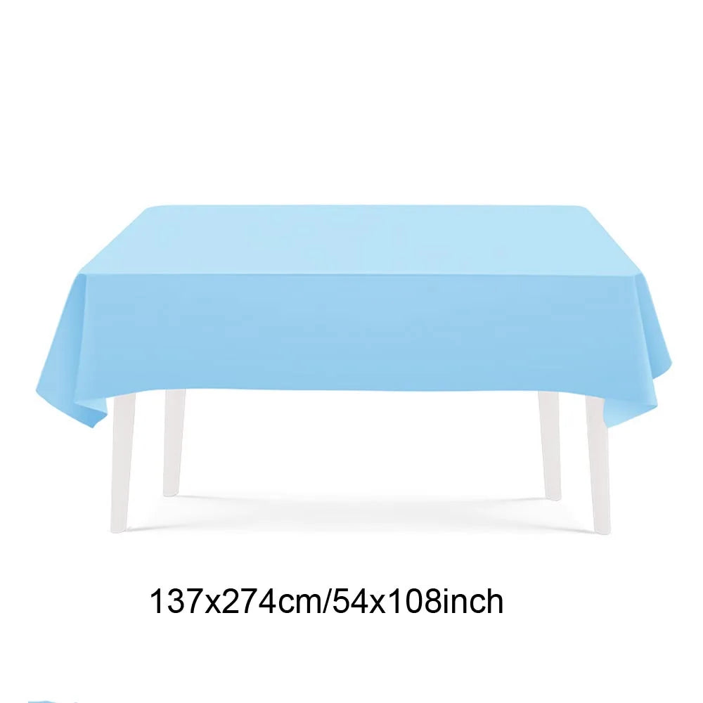 Light blue rectangular tablecloth displayed on a white table frame.