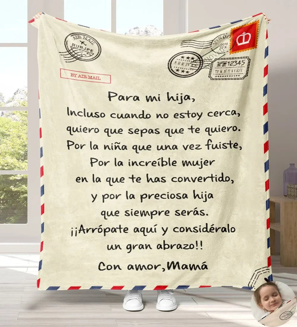A beige flannel throw blanket with a handwritten message on it, displayed indoors.