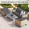 Wicker outdoor sofa cushion covers in gray and beige protecting patio furniture.
