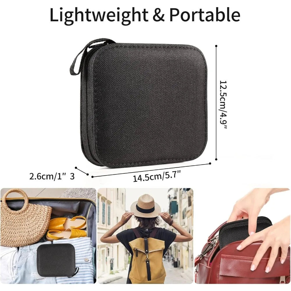 Black lightweight portable sewing kit with thread and tools shown next to a woven bag and a leather purse.